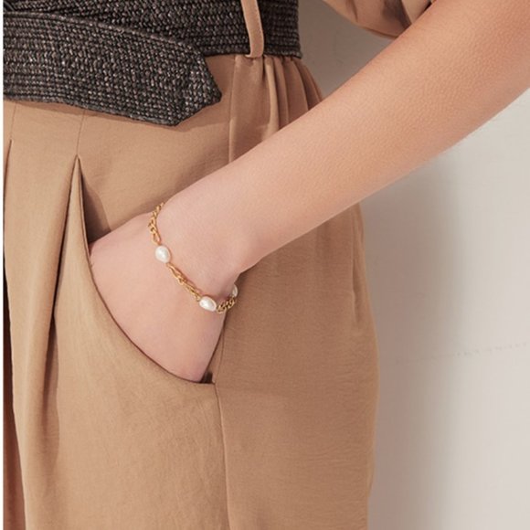 NEW Elegant Natural Pearl Chain Stainless Steel Bracelet - Picture 5 of 6